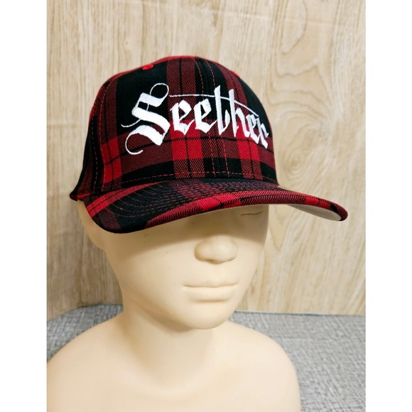 Seether Band Hat Red Tartan Plaid Flex Fit Yupoong Size S-M - Picture 1 of 8